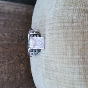 Rhinestone Marcasite Four Prong Set Silver Ring